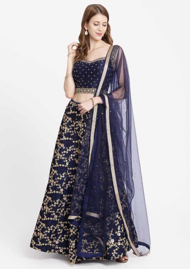 Navy Blue Stonework Rawsilk Designer Lehenga-Koskii