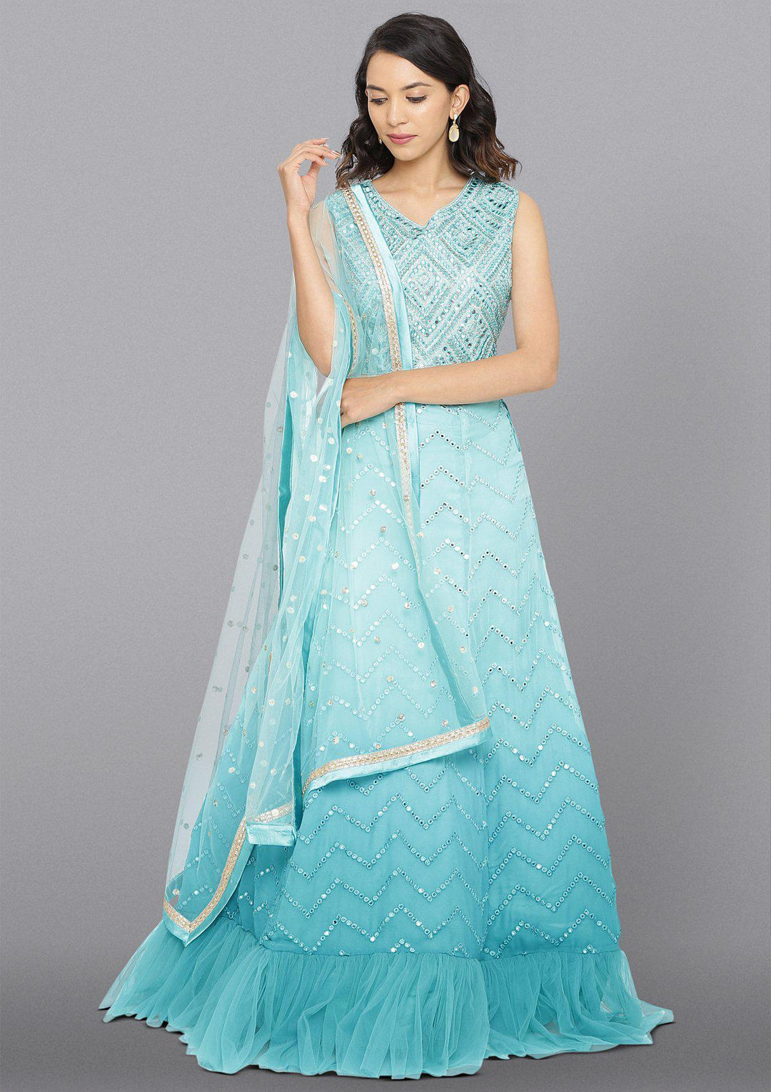 Sea Green Mirrorwork Net Designer Lehenga-Koskii