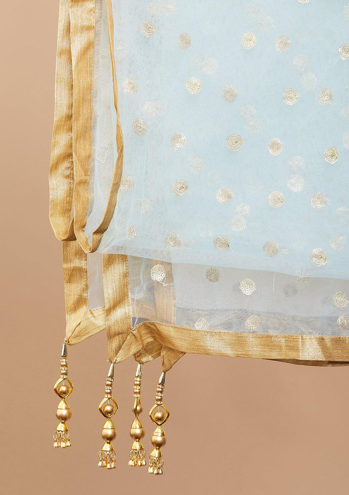 Teal Mirrorwork Net Designer Lehenga-Koskii