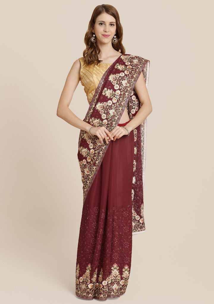 Maroon Threadwork Art Silk Designer Saree-Koskii