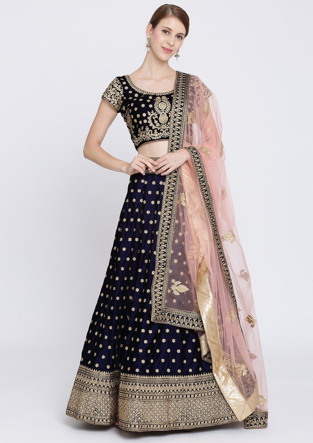 Navy Blue Zariwork Velvet Designer Lehenga-Koskii