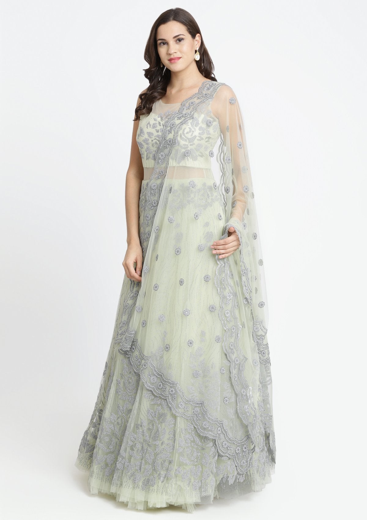 Pista Green Glitter Net Designer Gown-Koskii