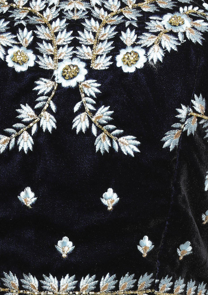 koskii blue floral velvet bridal lehenga-Koskii