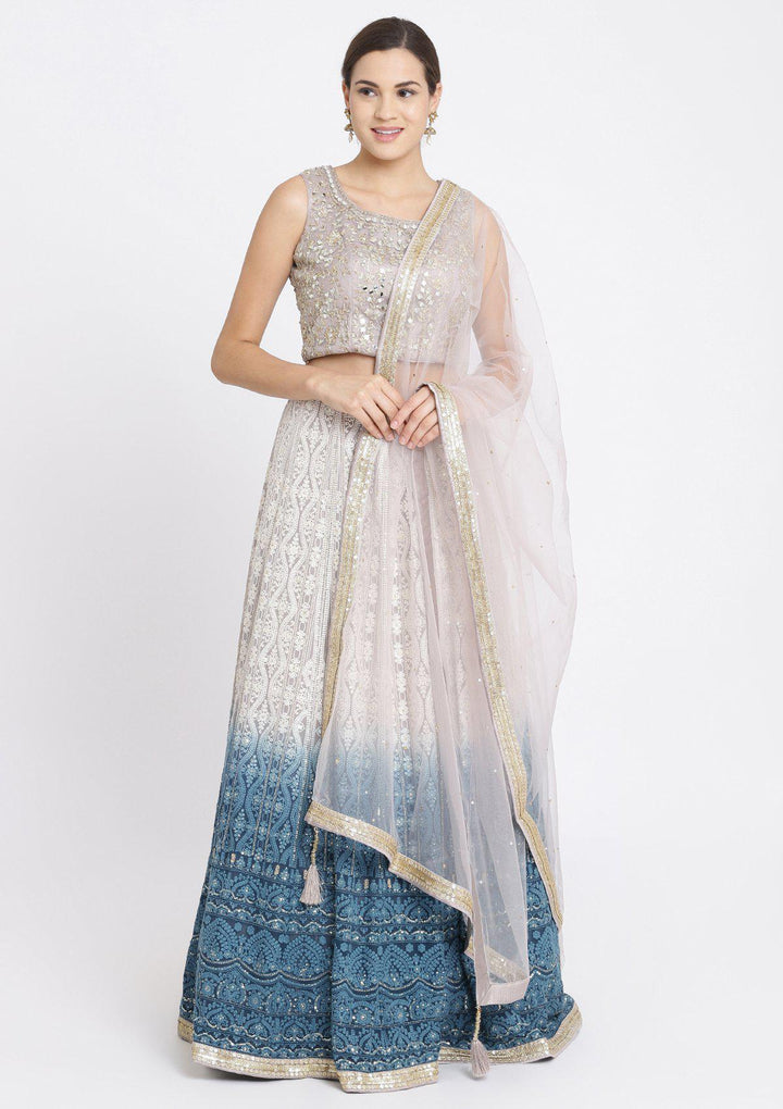 Peacock Blue Mirrorwork Georgette Designer Lehenga-Koskii