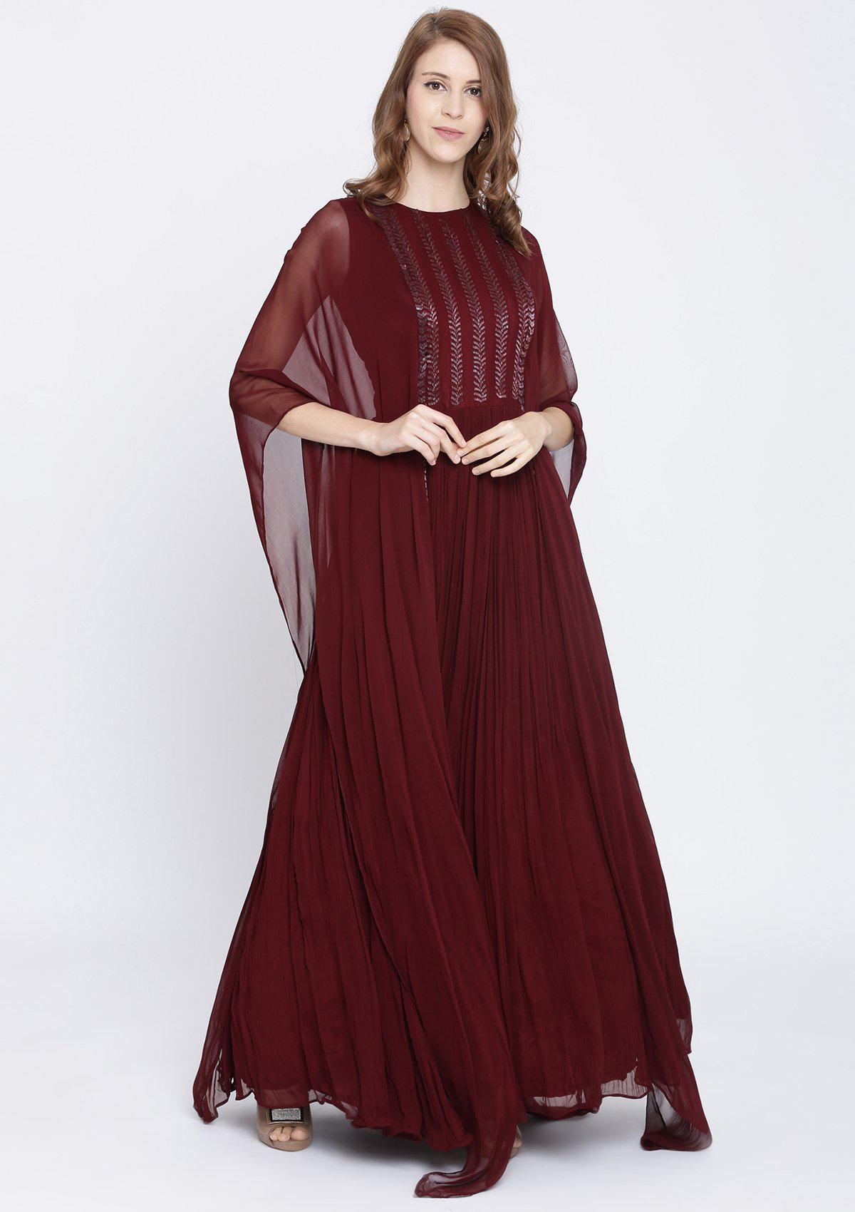 Maroon Cutdana Georgette Designer Gown-Koskii