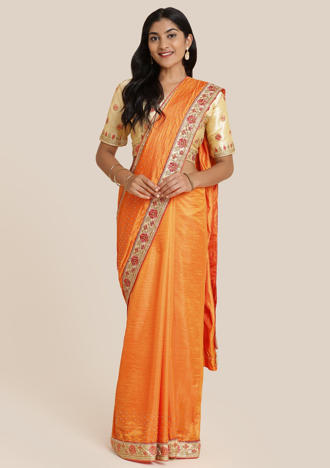 Orange Zariwork Art Silk Designer Saree-Koskii