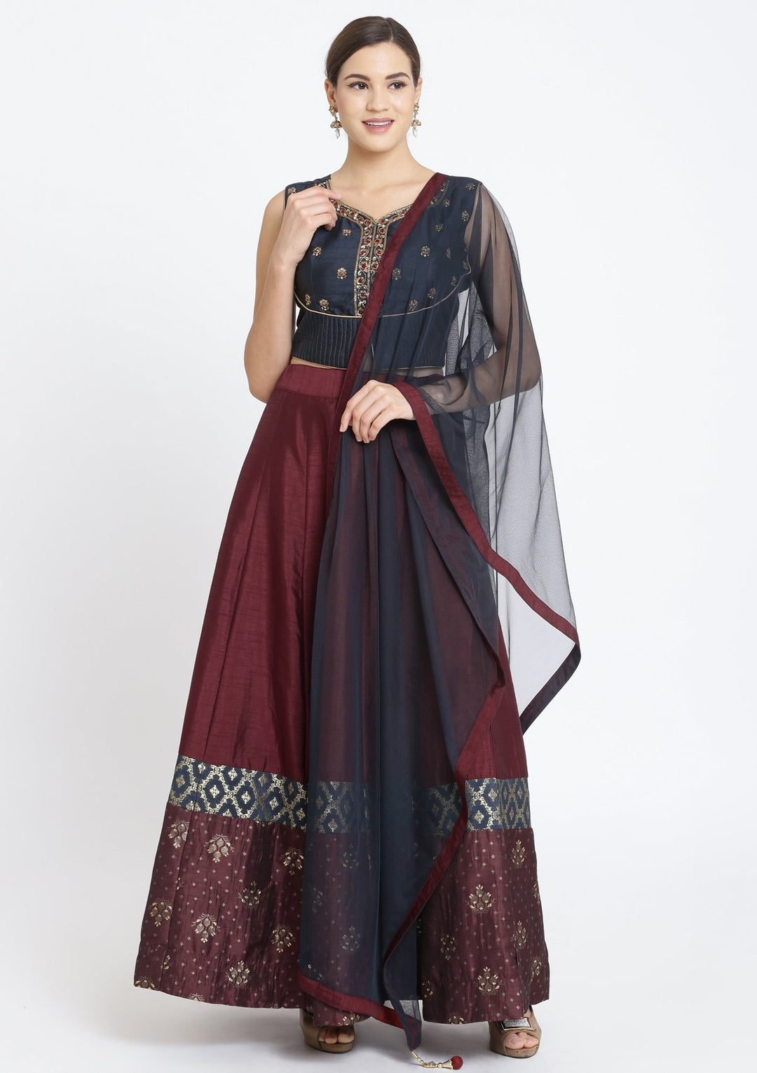 Maroon and Black Cutdana Rawsilk Designer Lehenga-Koskii