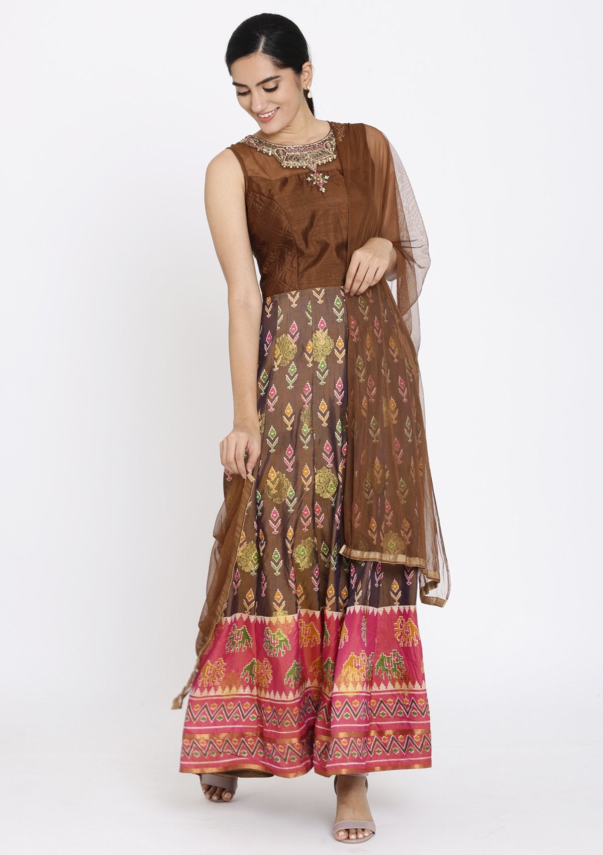Brown Stonework Art Silk Designer Gown - koskii