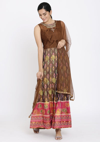 Brown Stonework Art Silk Designer Gown - koskii