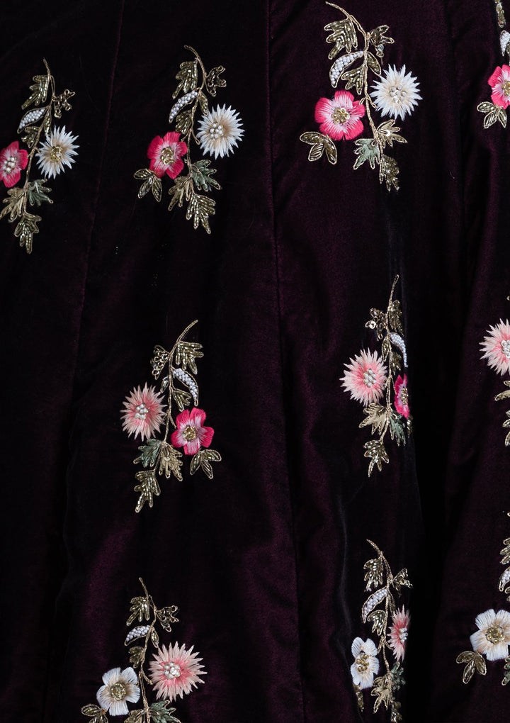 Wine Red Threadwork Velvet Designer Lehenga-Koskii