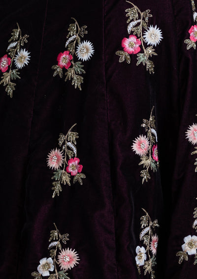 Wine Red Threadwork Velvet Designer Lehenga-Koskii