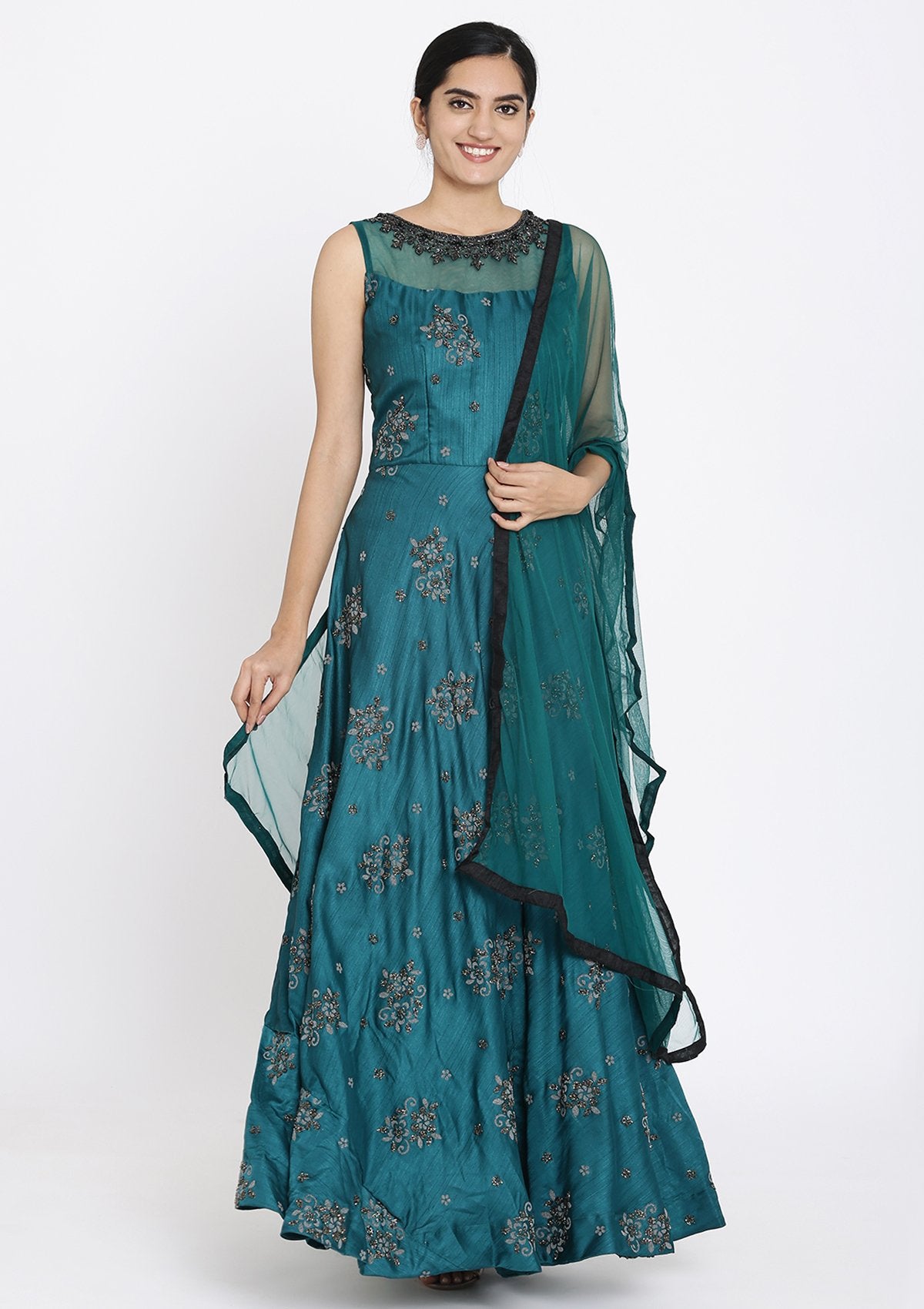 Bottle Green Cutdana Raw Silk Designer Gown - koskii