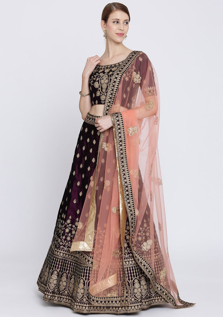 Wine Zariwork Velvet Designer Lehenga-Koskii