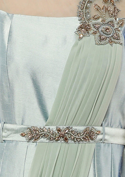 Teal Green Raw Silk Designer Gown-Koskii