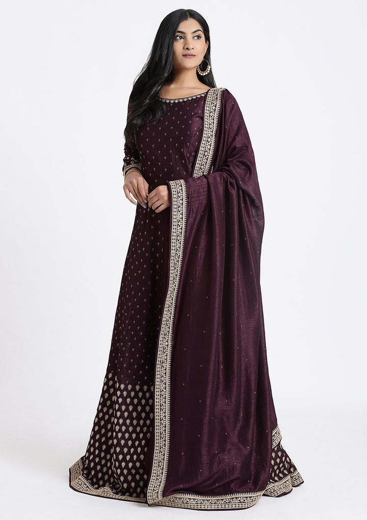 Wine Zariwork Rawsilk Designer Gown-Koskii