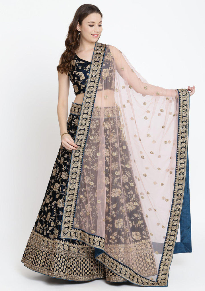 Peacock Blue Stonework Velvet Designer Lehenga-Koskii