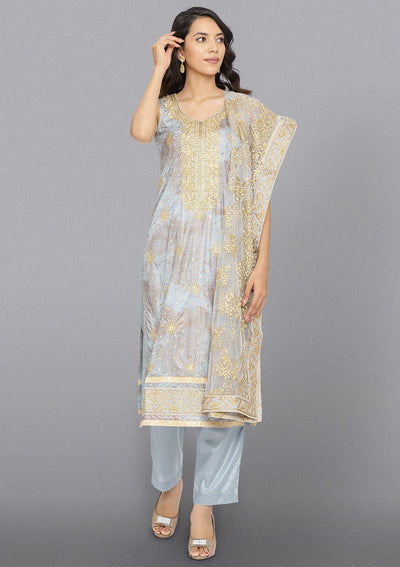Light Grey Zariwork Cotton Designer Salwar Suit-Koskii