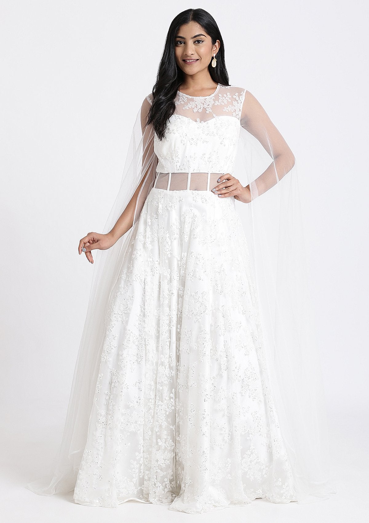 White Sequinned Net Designer Gown-Koskii
