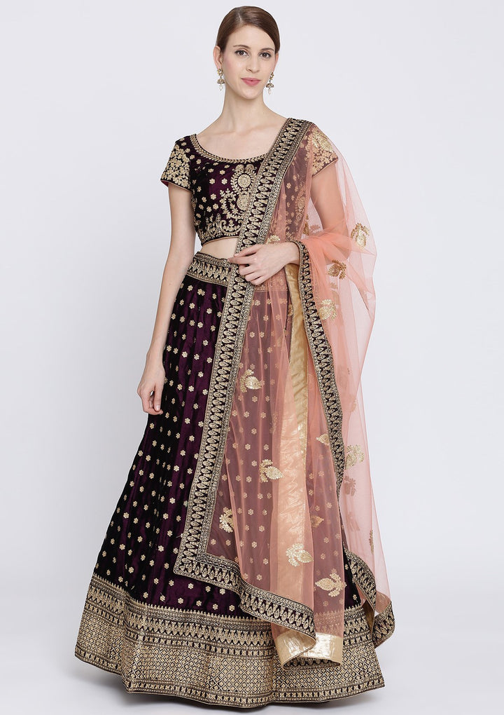 Wine Zariwork Velvet Designer Lehenga-Koskii