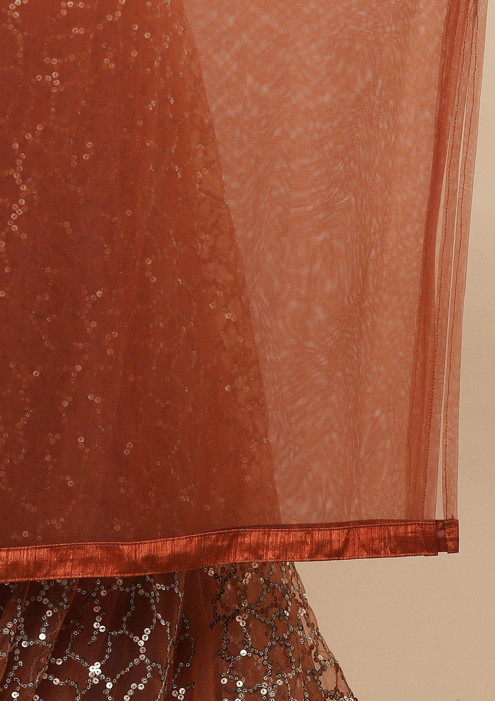 Rusty Orange Sequinned Silk Designer Lehenga-Koskii