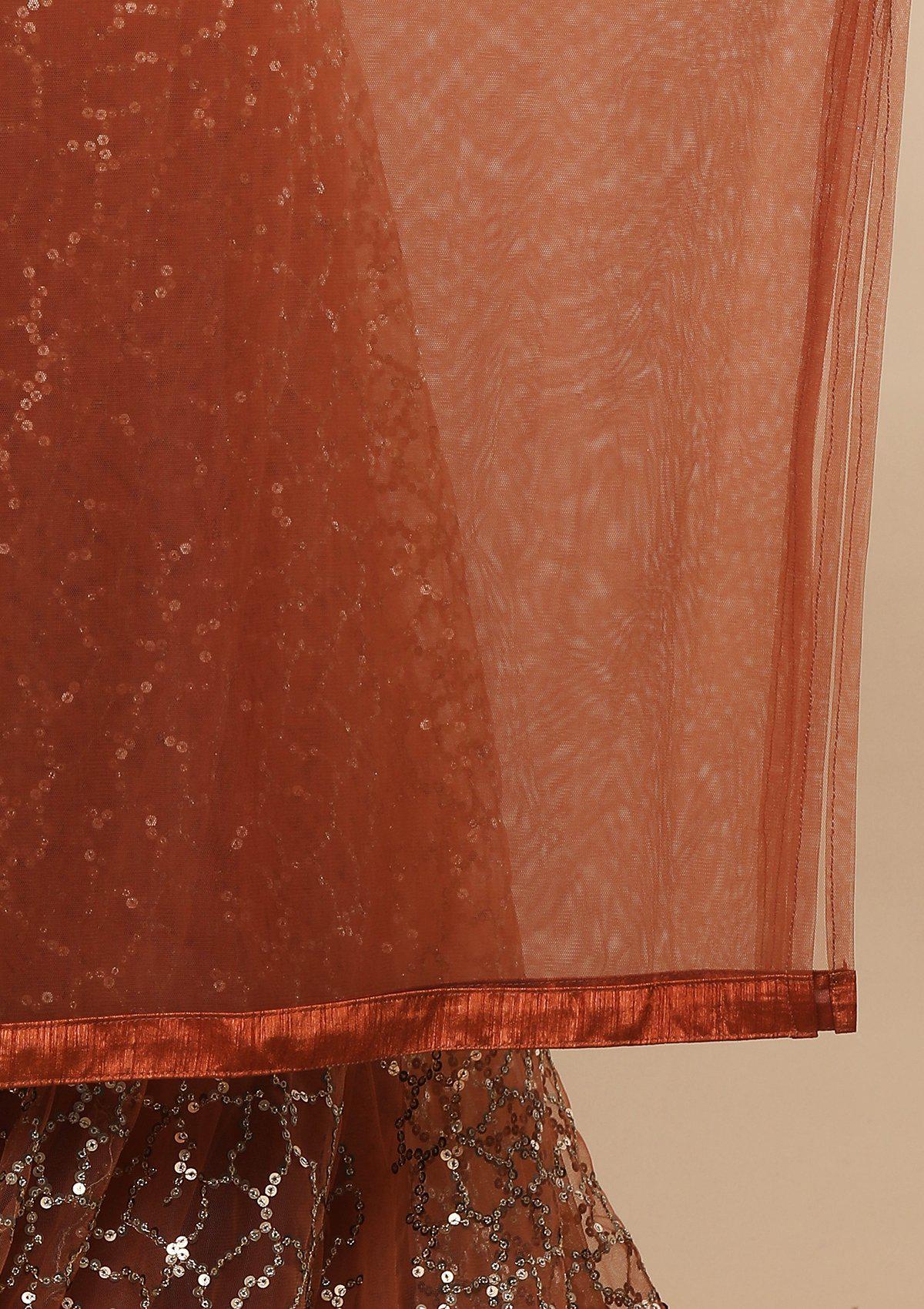 Rusty Orange Sequinned Silk Designer Lehenga-Koskii