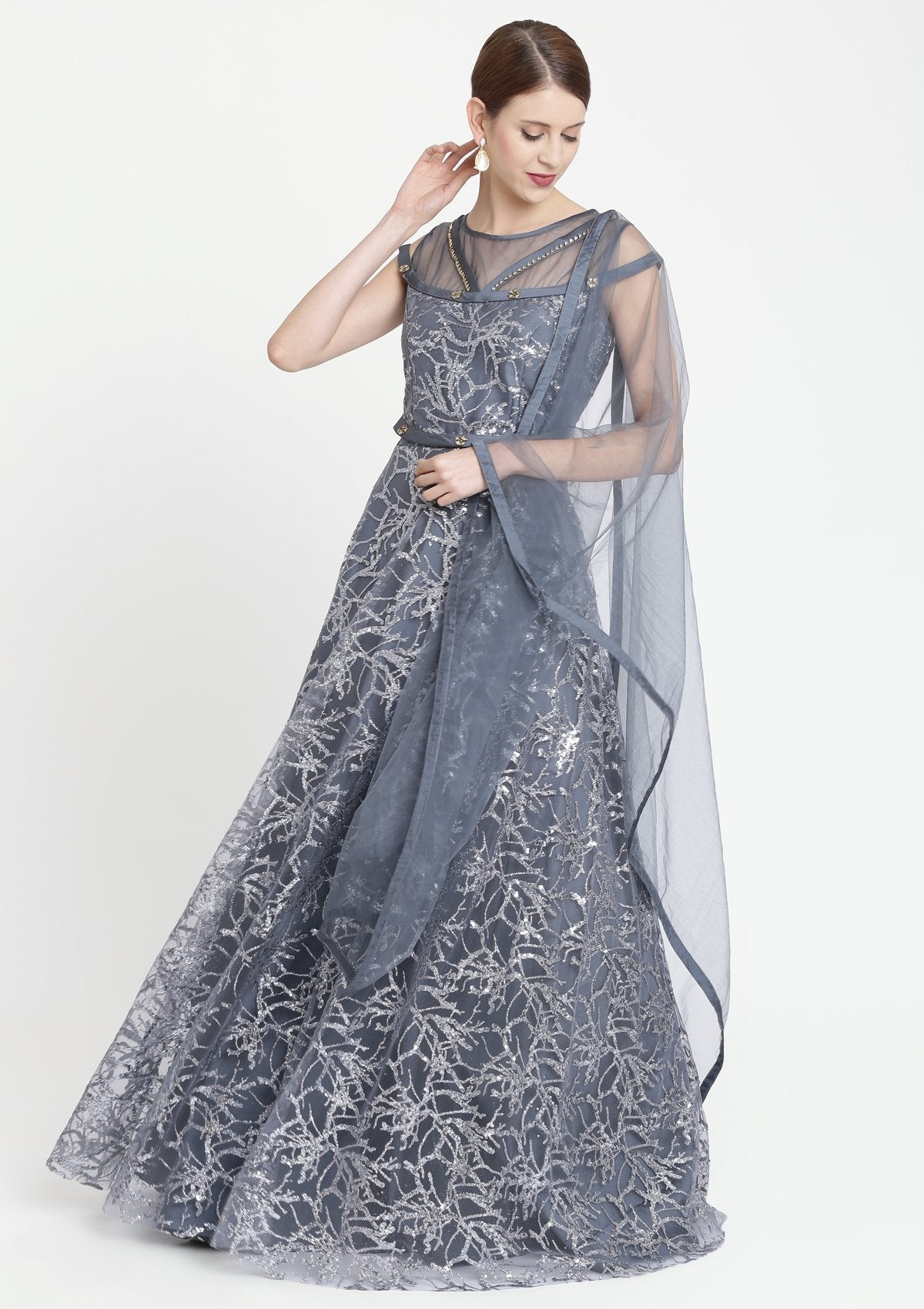Dark Grey Stonework Net Designer Gown-Koskii