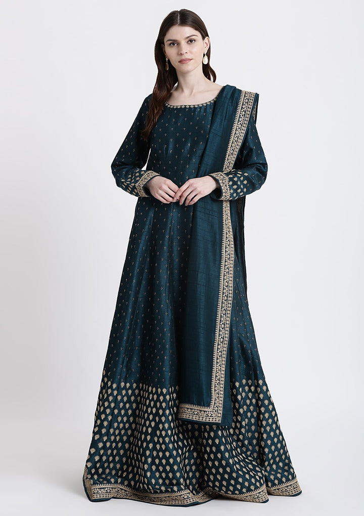 Peacock Blue Zariwork Rawsilk Designer Gown-Koskii