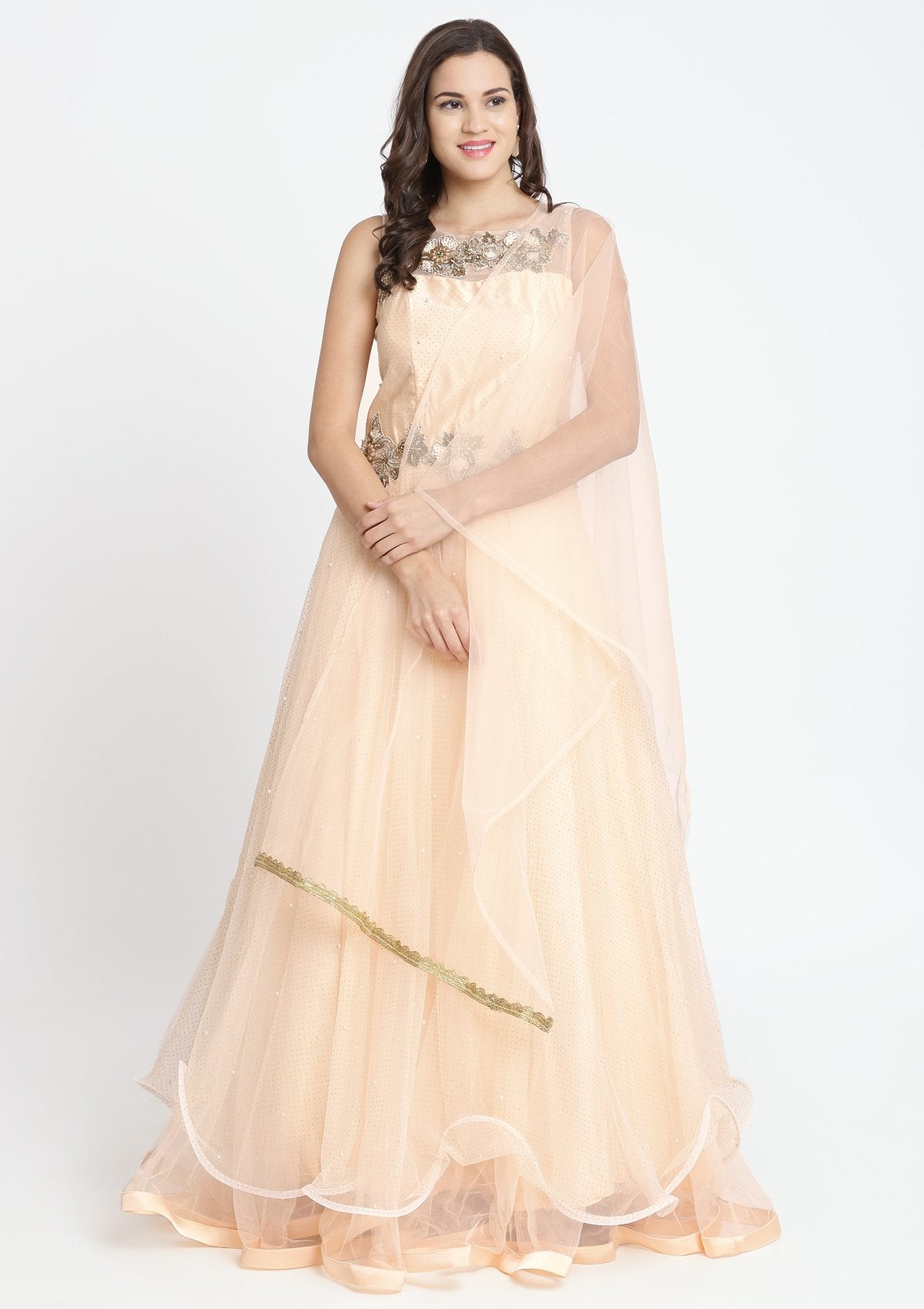 Peach Cutdana Net Designer Gown-Koskii