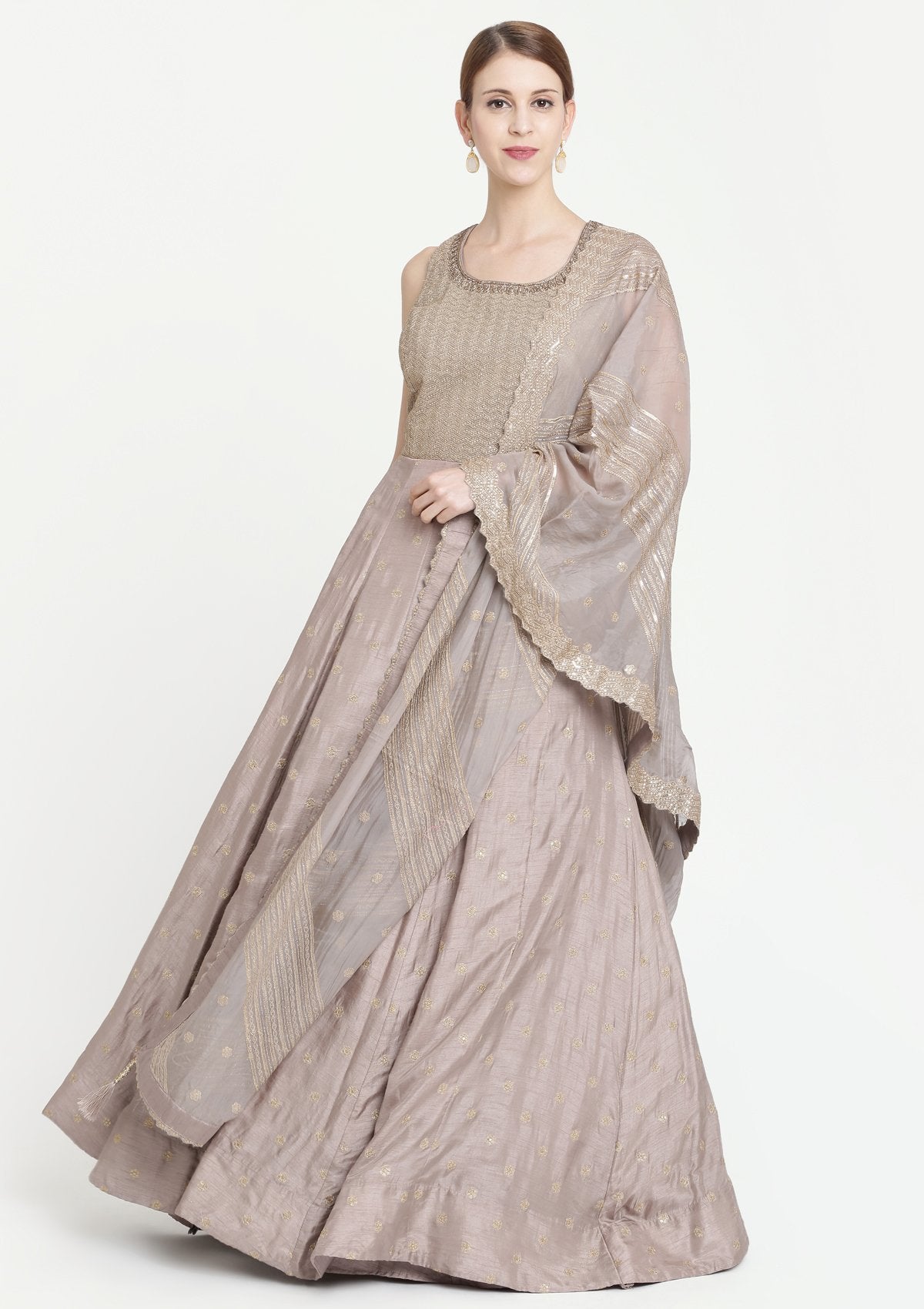 Light Grey Zariwork Rawsilk Designer Gown-Koskii