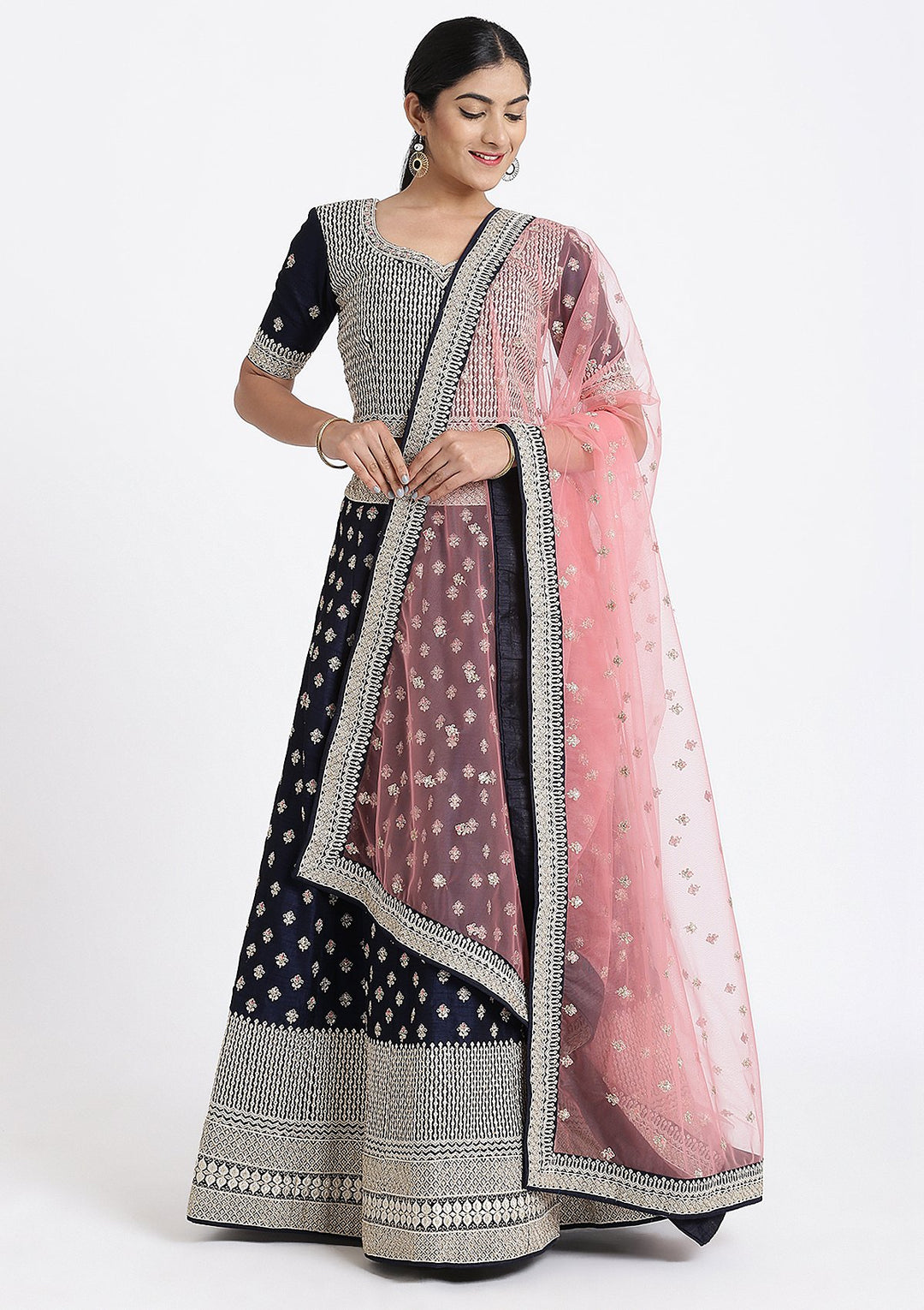 Navy Blue Zariwork Raw Silk Designer Lehenga-Koskii