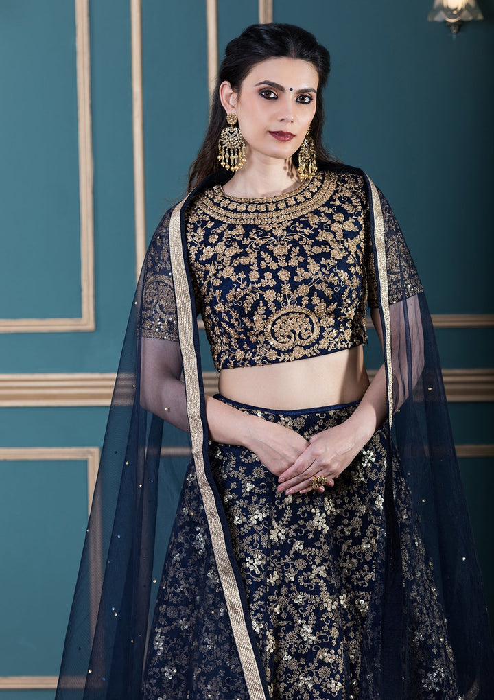 Navy Blue Embellished Net Designer Lehenga-Koskii