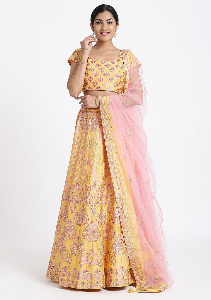 Yellow Sequinned Raw Silk Designer Lehenga-Koskii
