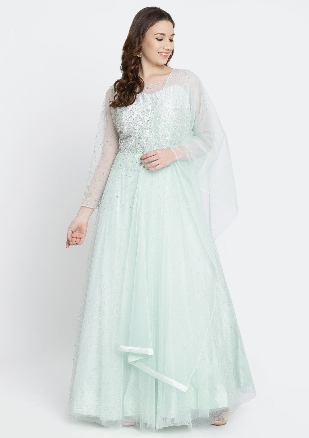 Sea Green Stonework Net Designer Gown-Koskii