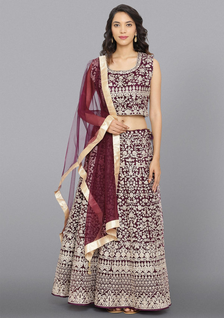 Wine Zariwork Net Designer Lehenga-Koskii