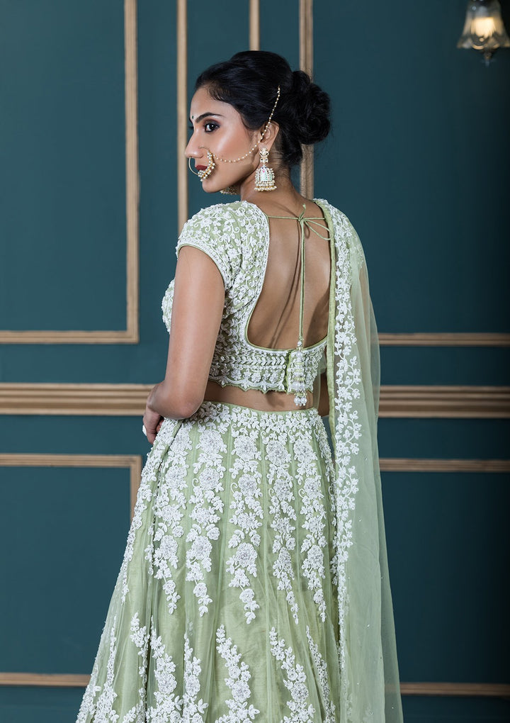 Green Stone Embellished Net Designer Lehenga-Koskii