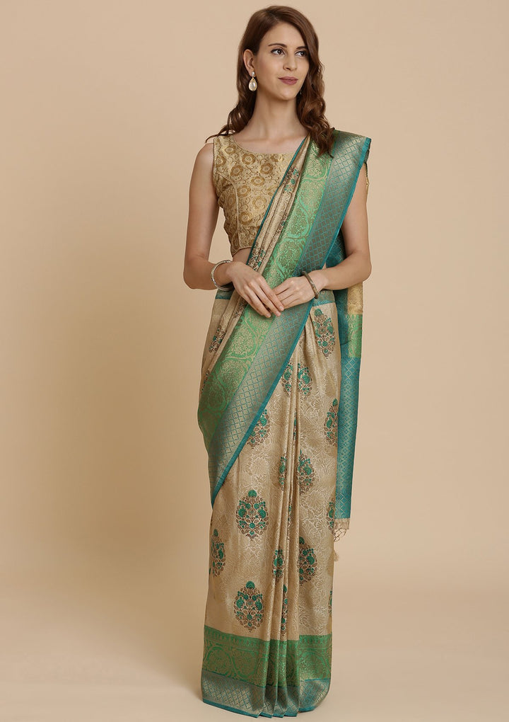 Green and Cream Art Silk Designer Saree-Koskii