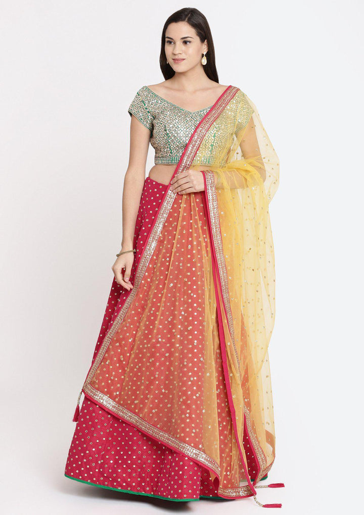 Fuschia and Green Gotapatti Raw Silk Designer Lehenga-Koskii