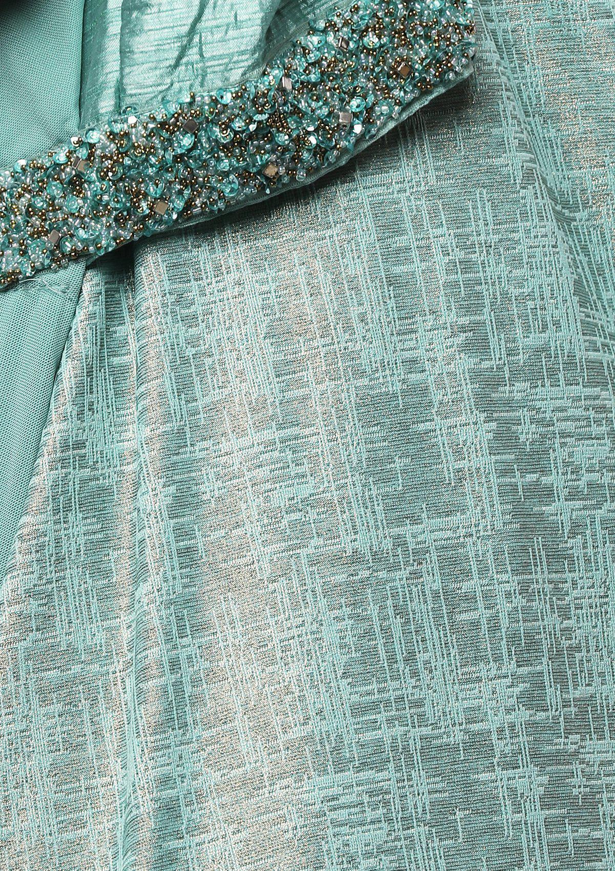 Sea Green Raw Silk Drape Designer Lehenga-Koskii