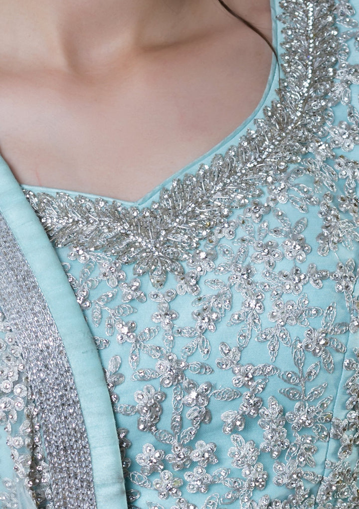 Powder Blue Sequinned Net Designer Lehenga-Koskii
