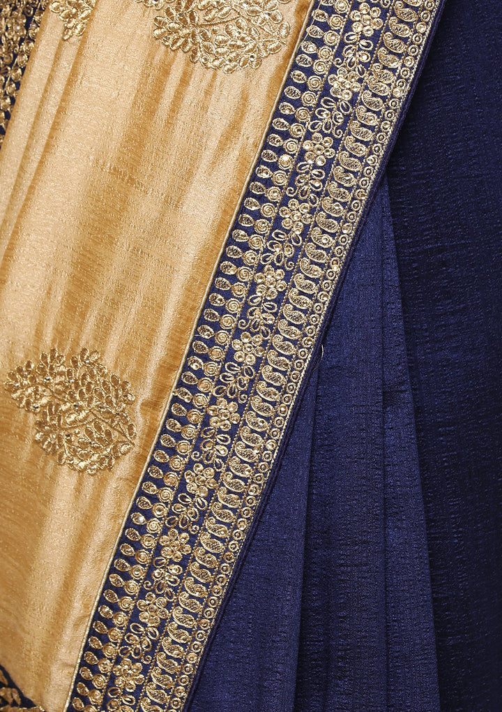 Beige and Blue Zari Work Chiffon Designer Saree-Koskii