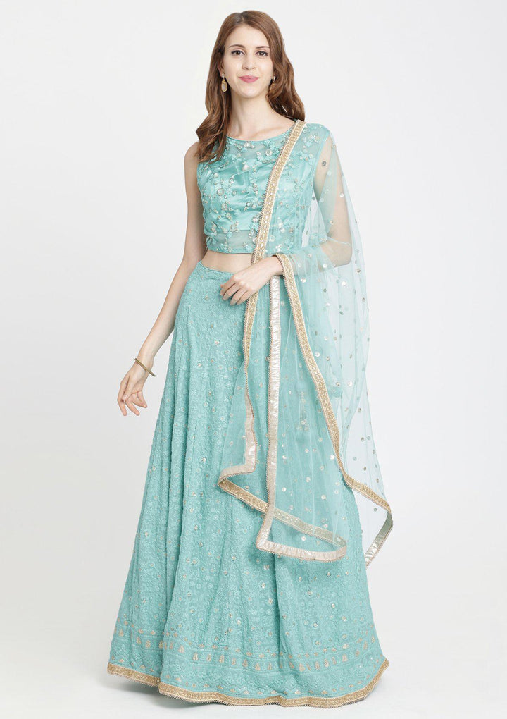 Sea Green Threadwork Chiffon Designer Lehenga-Koskii