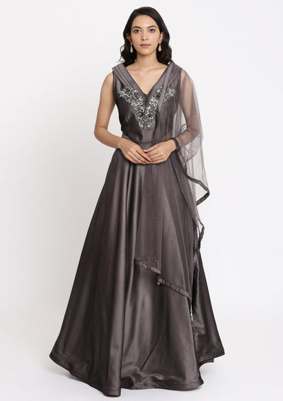 Mauve Cutdana Taffeta Silk Designer Gown-Koskii