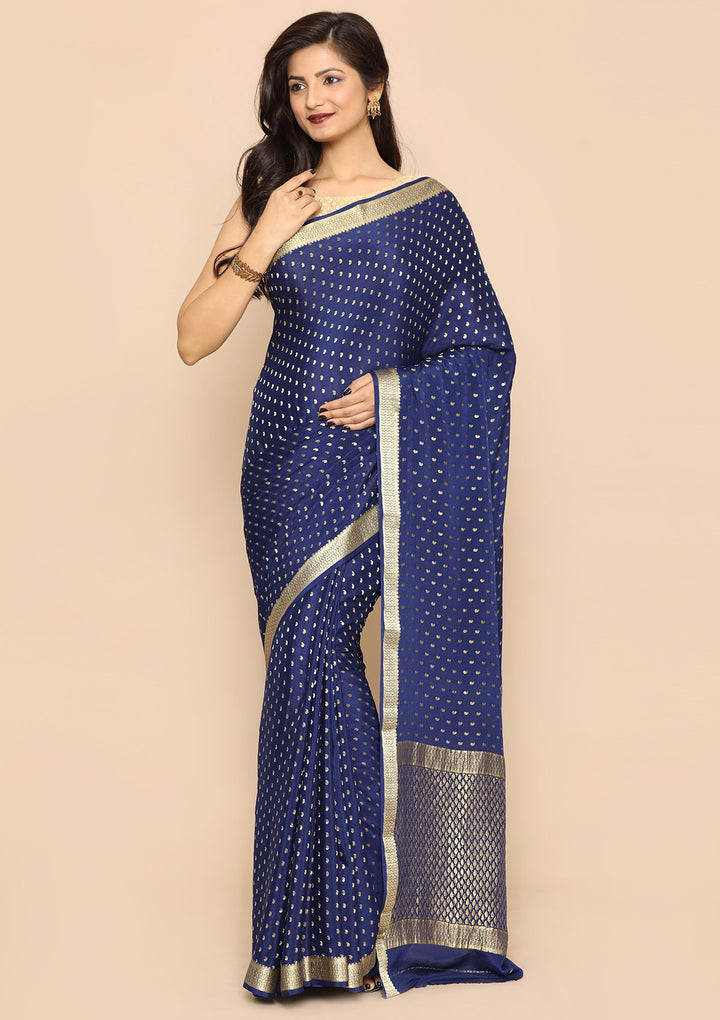 Blue and Gold Handmade Saree-Koskii