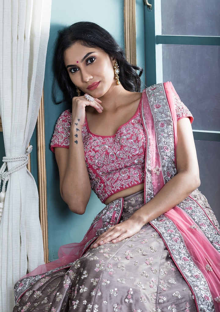 Grey Stone Work Silk Designer Lehenga-Koskii