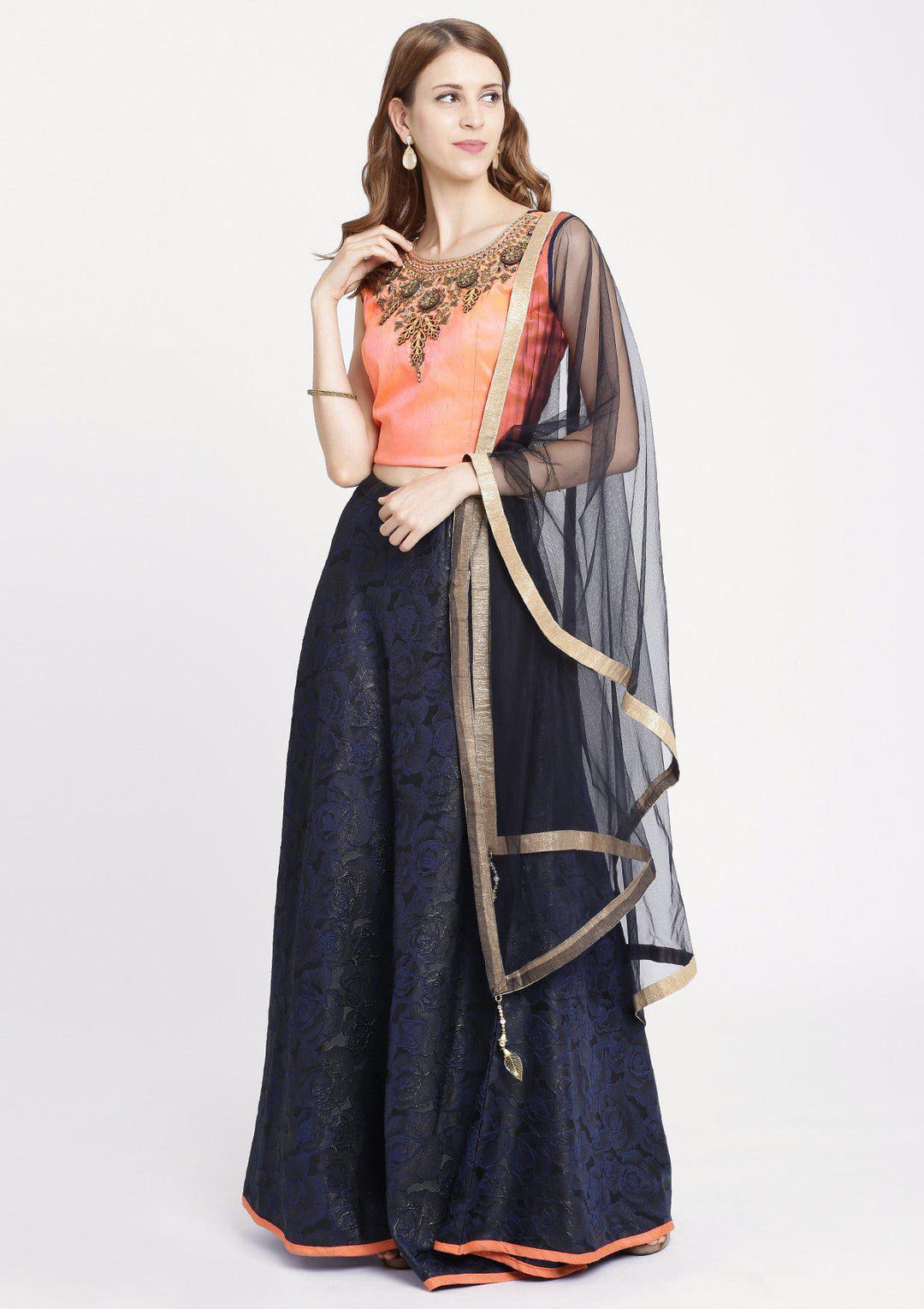 Navy Blue Pearlwork Rawsilk Designer Lehenga-Koskii