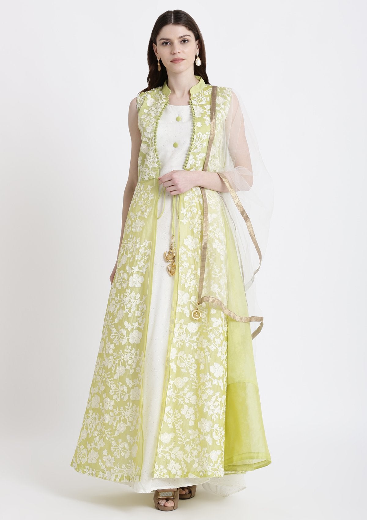 Parrot Green Threadwork Chanderi Designer Gown-Koskii