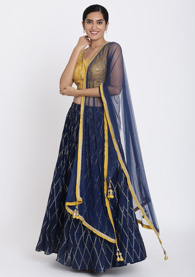 Navy Blue And Yellow Mirrorwork Satin Designer Lehenga - koskii