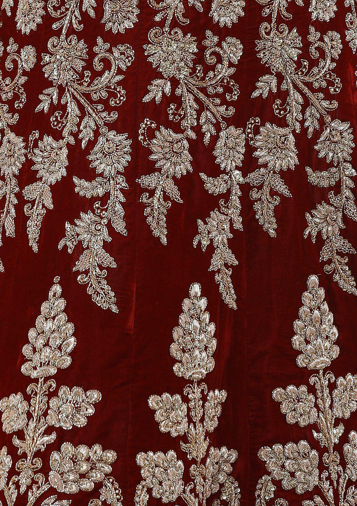 Maroon Zardozi Velvet Designer Gown-Koskii