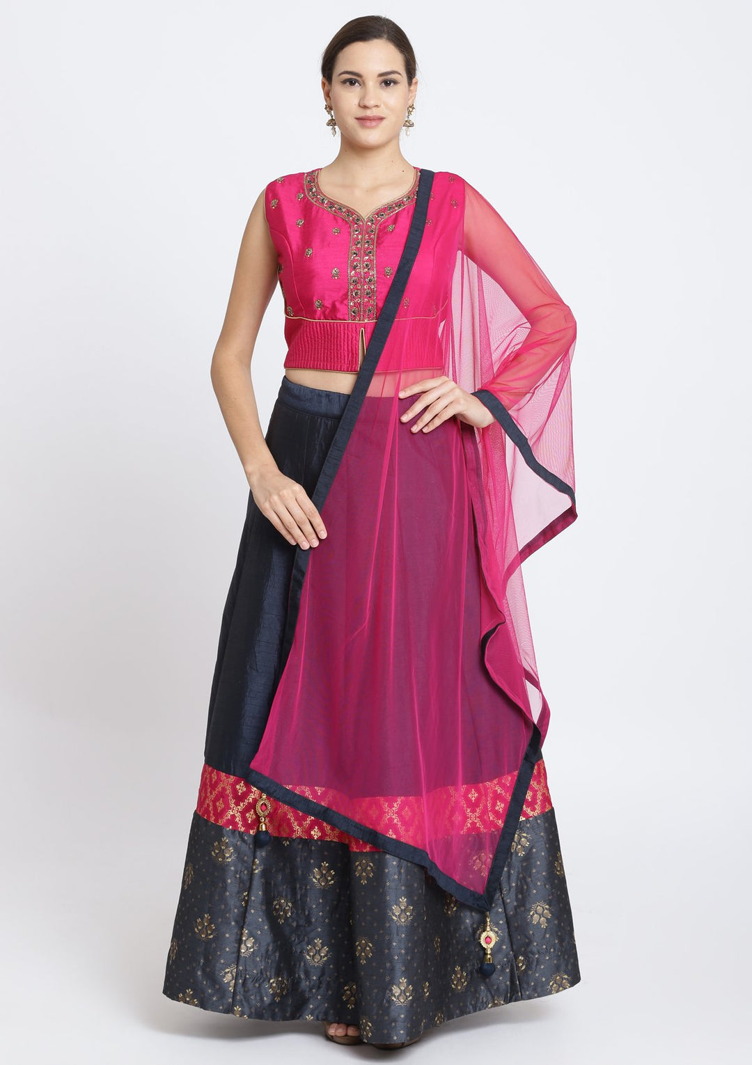Navy Blue and Fuschia Cutdana Rawsilk Designer Lehenga-Koskii
