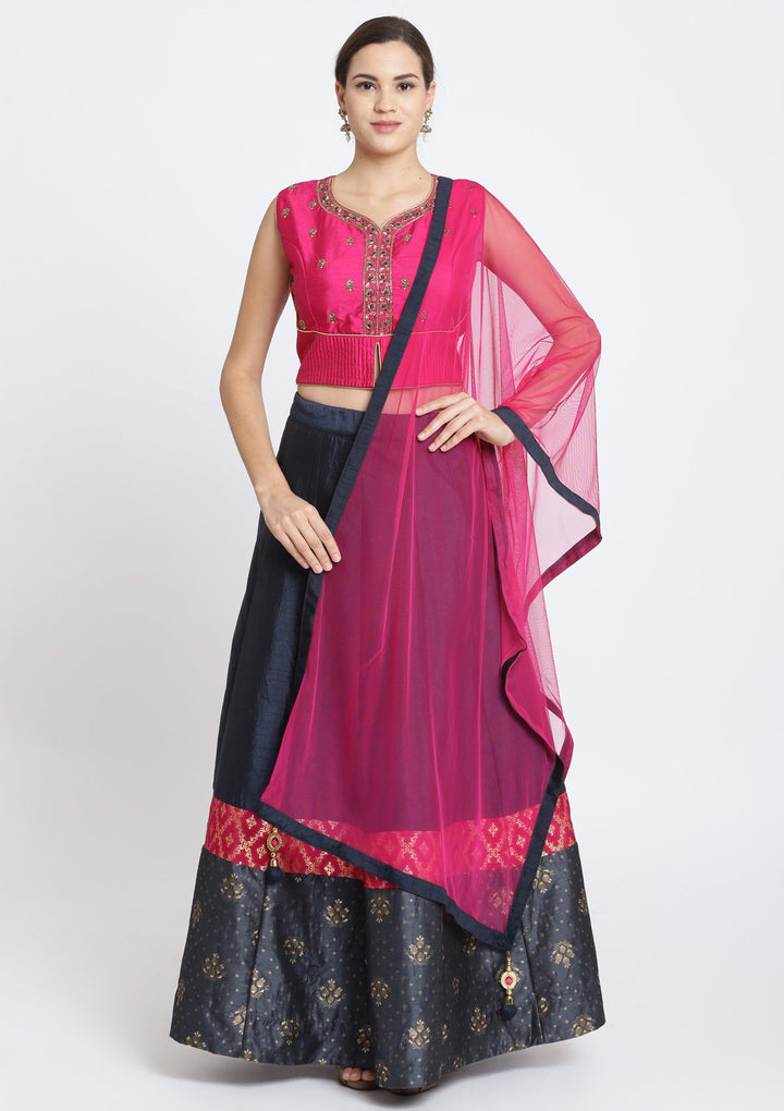 Navy Blue and Fuschia Cutdana Rawsilk Designer Lehenga-Koskii
